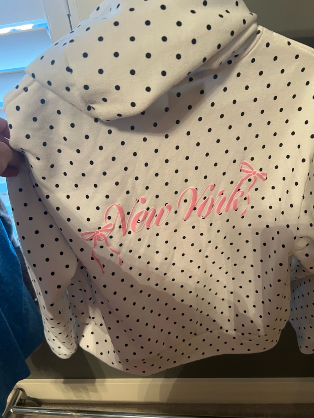 White Polka Dot Zip-Up Hoodie with Pink Bow Embroidery - New York On Back - Picture 3 of 5